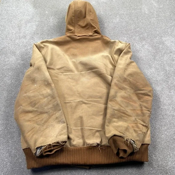 Carhartt Mens Tan Canvas Hooded Work Jacket Lined Full Zip Distressed Size M
